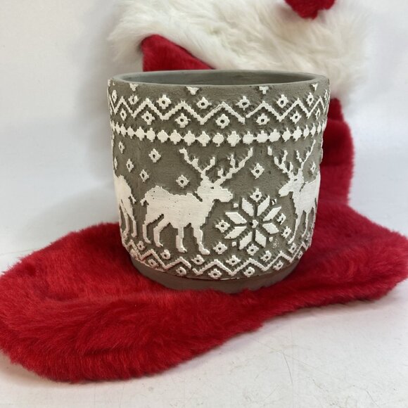 Ceramic Christmas Plant Pot Gray White Nordic Reindeer Snowflake Napco 4.25 in - Picture 1 of 6